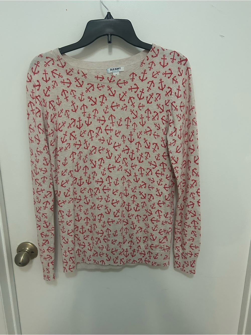 Old Navy Cream Sweater with Red Anchor Print - Women's Crew Neck